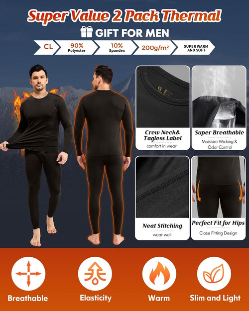 2 Pack Thermal Underwear for Men Long Johns Fleece Lined Base Layer Set Winter Bottom Top 2XS-6XL