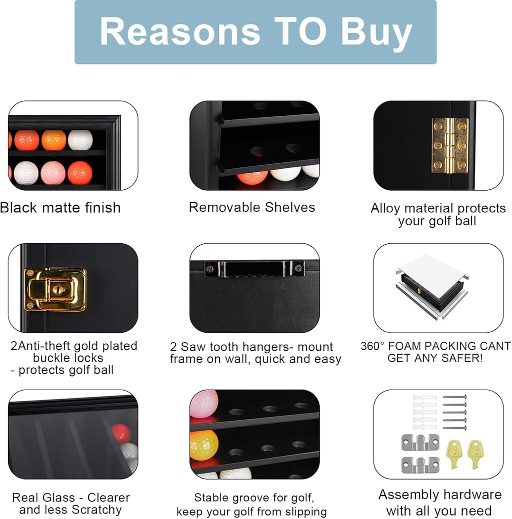 Golf Ball Display Case - Wall Mounted Holder with Glass Door, Ideal Gift for Golf Enthusiasts