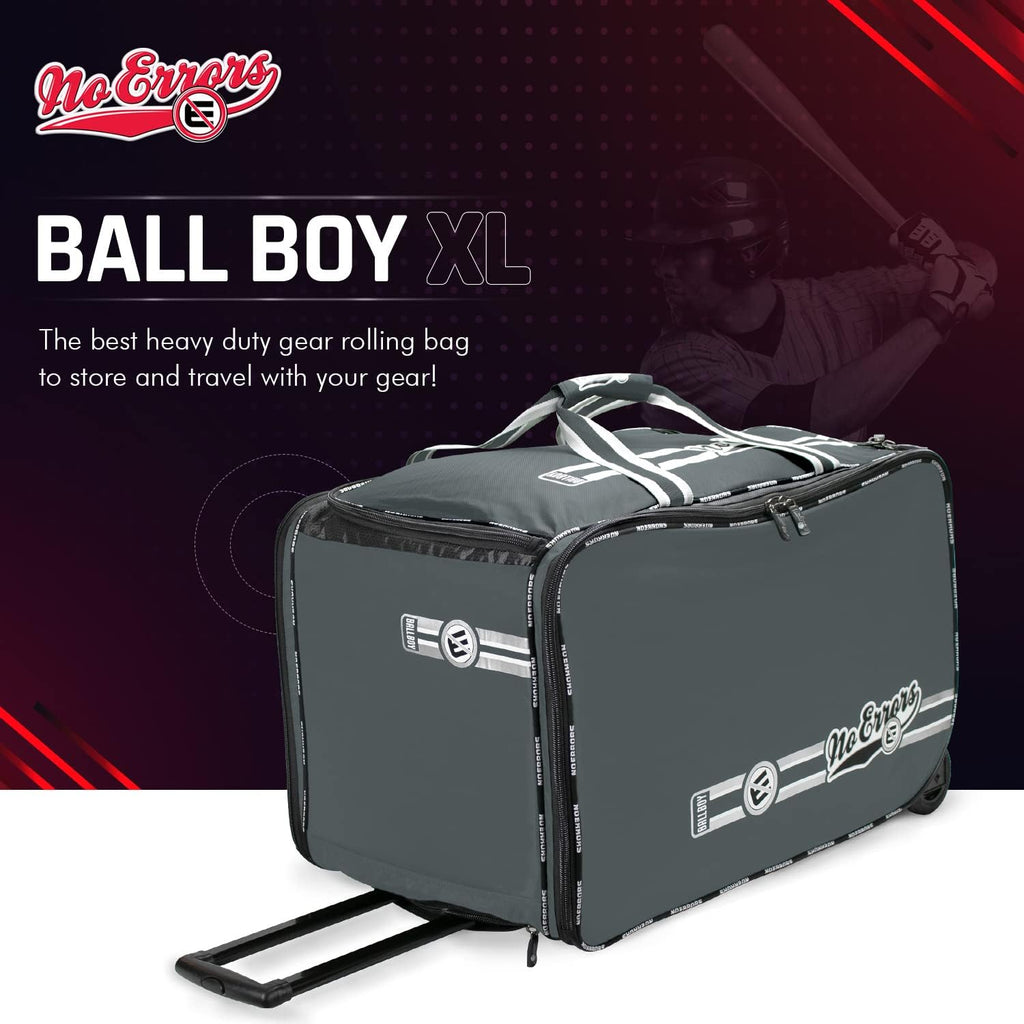 No Errors Ball Boy XL Wheeled Baseball Coaches Bag - Heavy Duty Baseball and Softball Bag for Coaches - Holds Two 6 Gallon Ball Buckets and Coaching Equipment