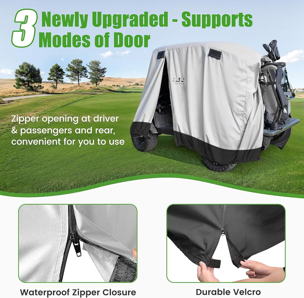 Universal Golf Cart Covers for Yamaha,Club Car, EZGO, Waterproof 2/4 Passenger Heavy Duty Golf Cart Rain Covers Extended Roof with 3 Zipper Doors