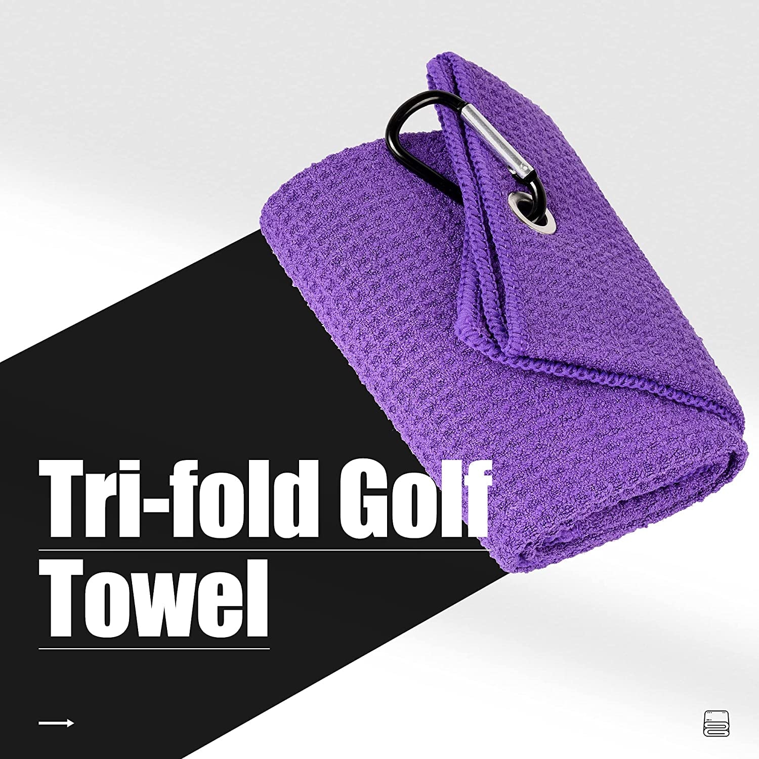 Tri-Fold Golf Towel | 16" X 24" | Premium Microfiber Fabric | Waffle Pattern | with Heavy Duty Carabiner Clip | for Men and Women (Purple)
