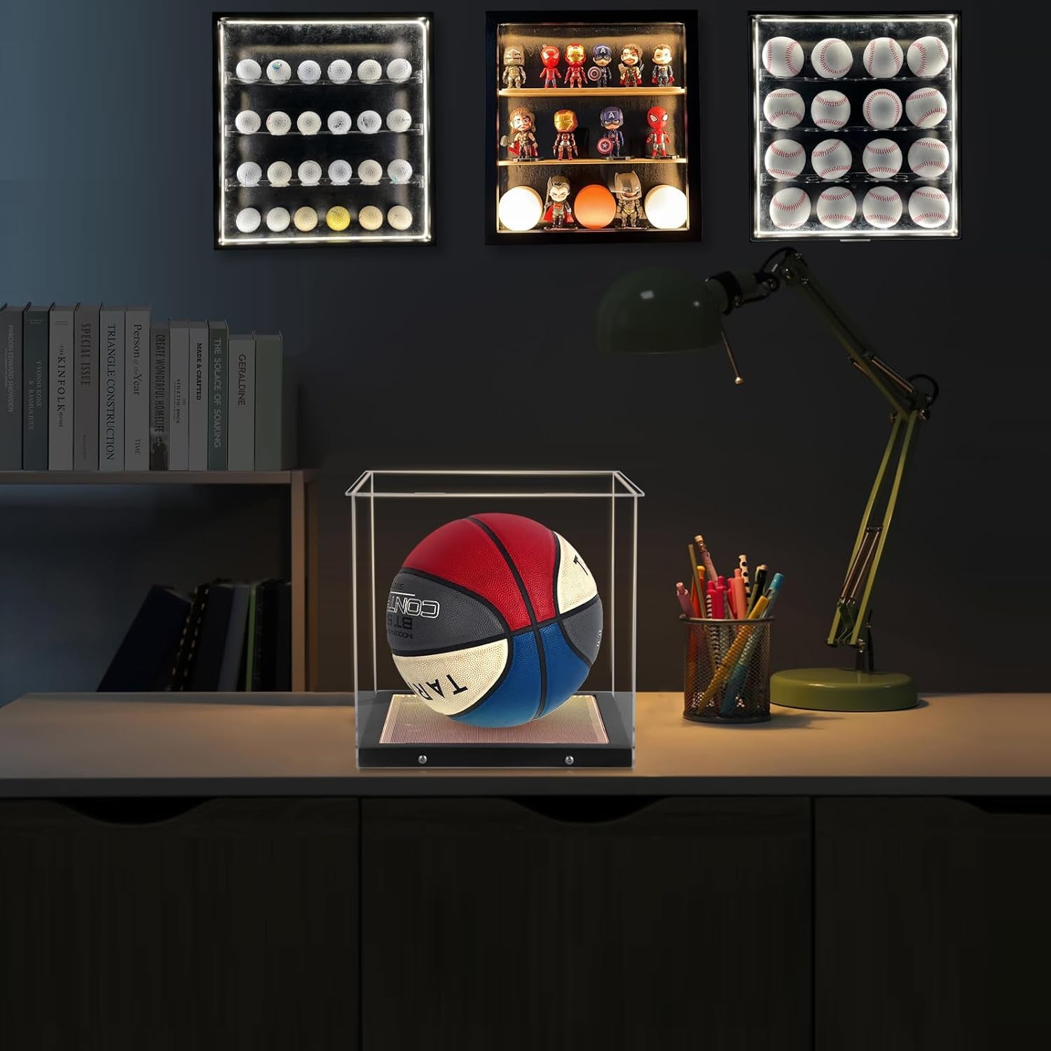 Basketball Display Case with LED Light Clear Acrylic Basketball Display Box, Display Holder for Autographed Basketball, UV Protection Dust Proof Memorabilia Display Case