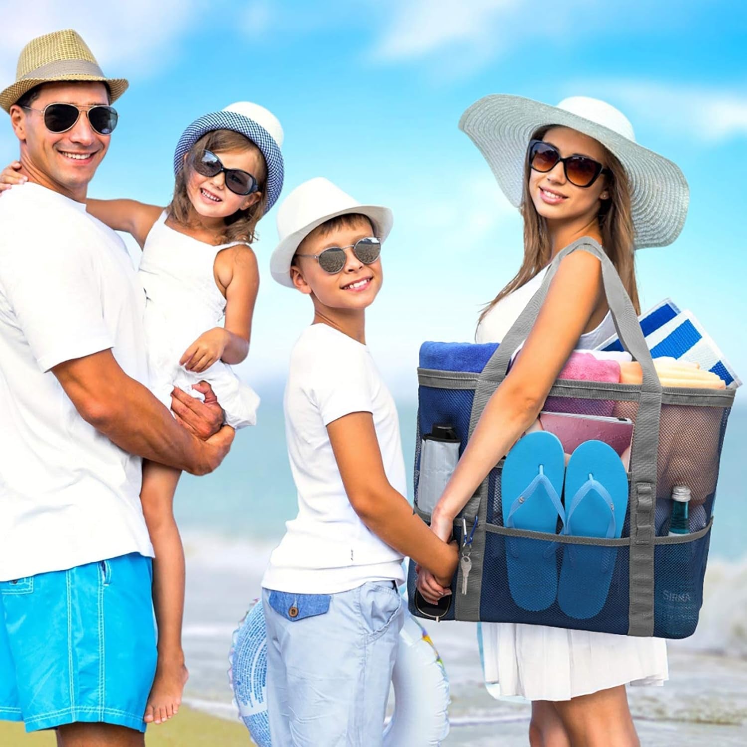 Mesh Beach Bag Family - Large Tote Bag for Cruise Pool Toys Beach Vacation Essentials
