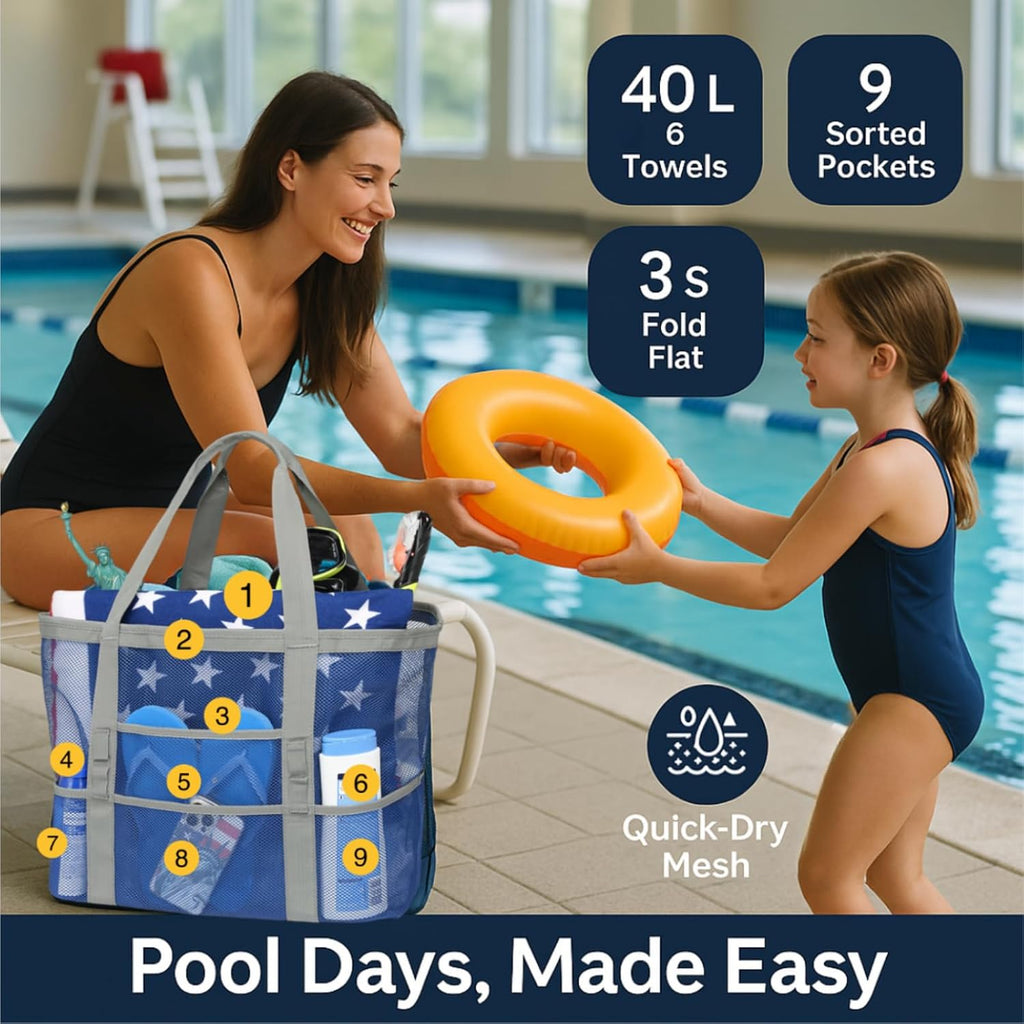 Mesh Beach Bag Family - Large Tote Bag for Cruise Pool Toys Beach Vacation Essentials