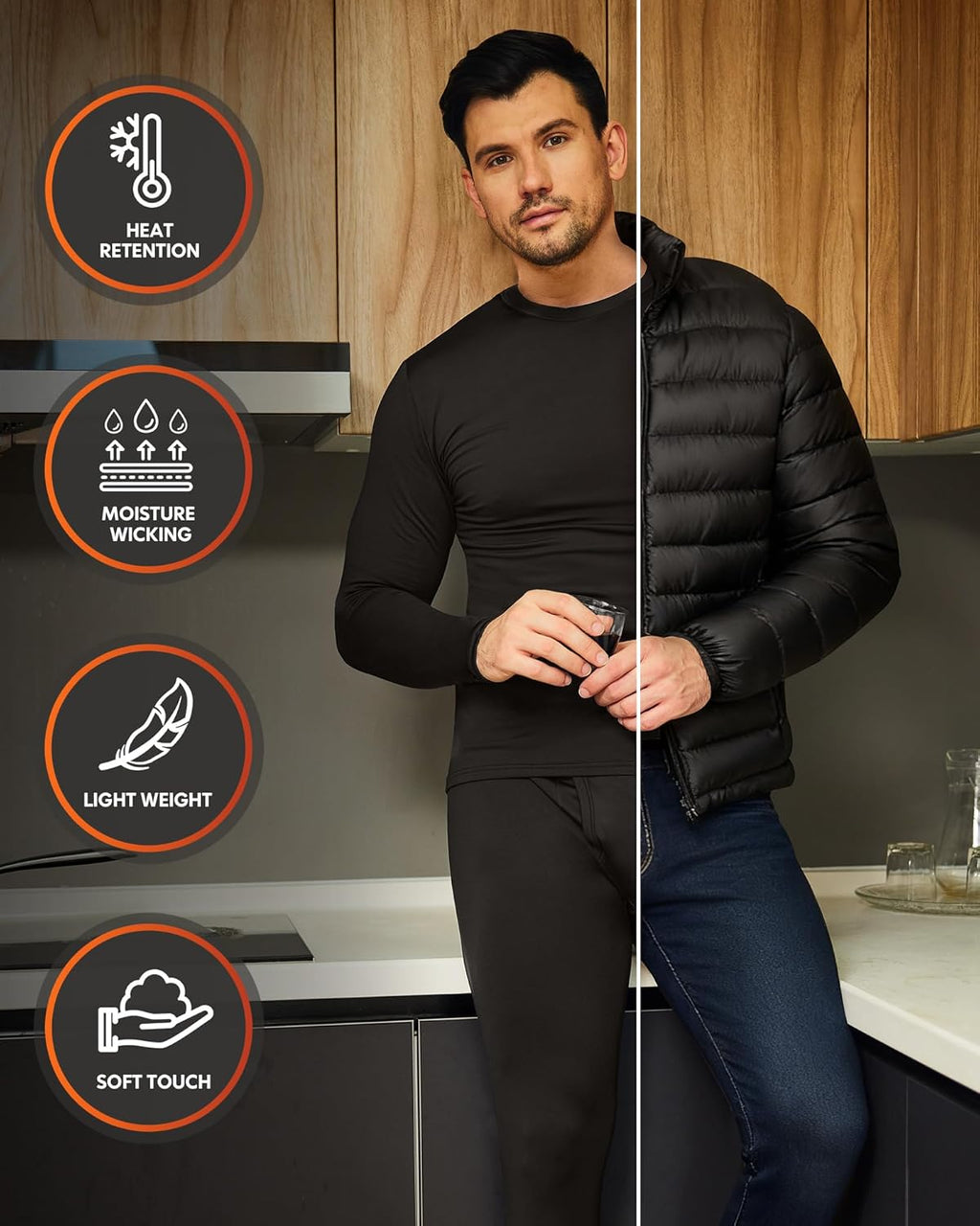 2 Pack Thermal Underwear for Men Long Johns Fleece Lined Base Layer Set Winter Bottom Top 2XS-6XL