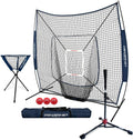 7X7 DLX Practice Net + Deluxe Tee + Ball Caddy + 3 Pack Weighted Ball + Strike Zone Bundle | Baseball Softball Coach Pack | Pitching Batting Training Equipment Set | 7' X 7' (Navy)