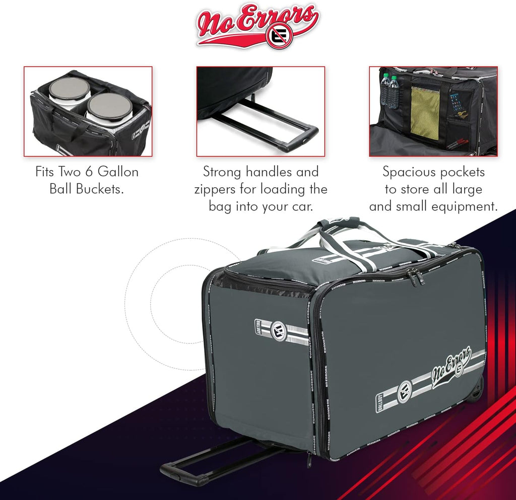 No Errors Ball Boy XL Wheeled Baseball Coaches Bag - Heavy Duty Baseball and Softball Bag for Coaches - Holds Two 6 Gallon Ball Buckets and Coaching Equipment