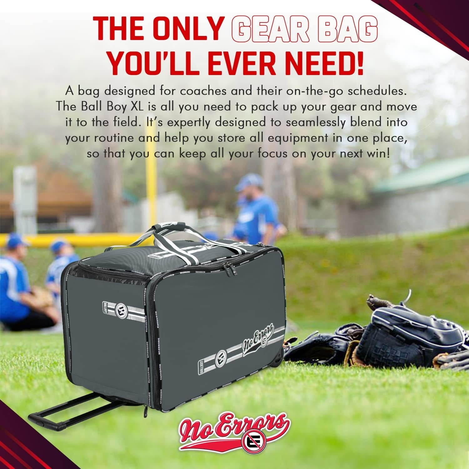 No Errors Ball Boy XL Wheeled Baseball Coaches Bag - Heavy Duty Baseball and Softball Bag for Coaches - Holds Two 6 Gallon Ball Buckets and Coaching Equipment