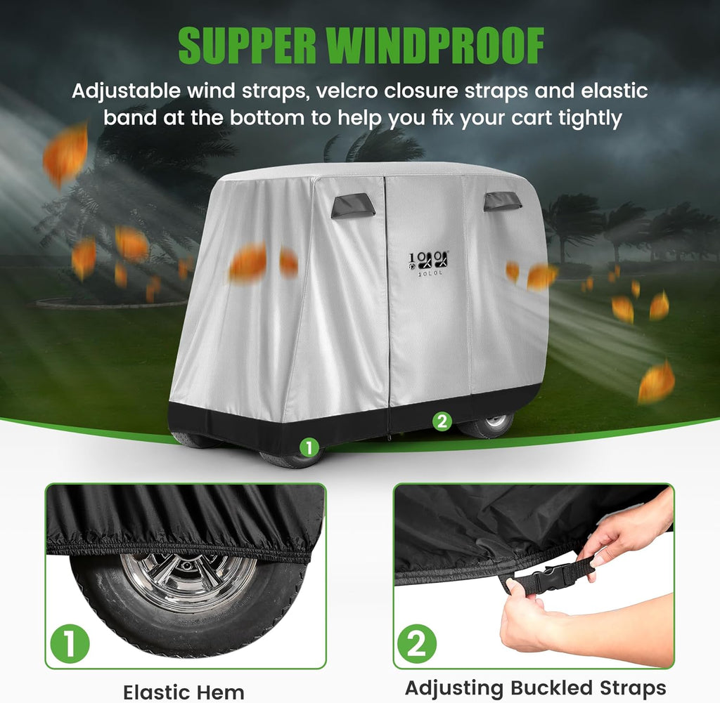 Universal Golf Cart Covers for Yamaha,Club Car, EZGO, Waterproof 2/4 Passenger Heavy Duty Golf Cart Rain Covers Extended Roof with 3 Zipper Doors