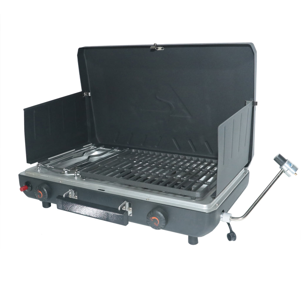 2 Burner Black Propane 2-In-1 Portable Camp Stove and Grill, Model GCT2220WB, New